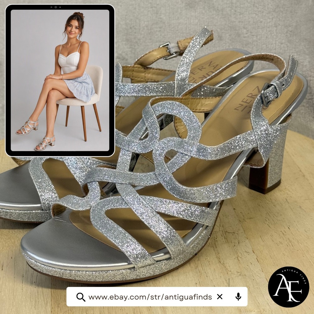 Naturalizer Cameron Silver Glitter Block Heel Strappy Sandals Womens 10M